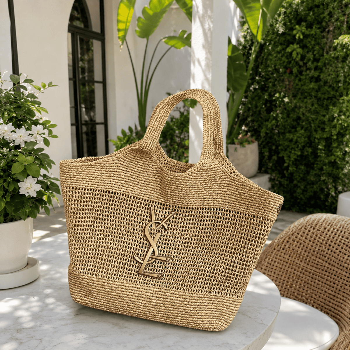 Saint Laurent Icare Maxi crochet raffia shopper